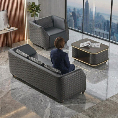 Sofa set 3-seater armchair coffee table black brown leather upholstery wood