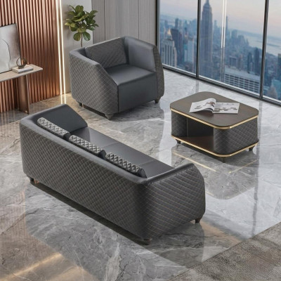 Sofa set 3-seater armchair coffee table black brown leather upholstery wood