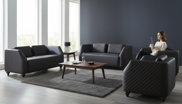 Sofa set leather sofas 2-seater 2x armchairs black seating furniture modern armchairs