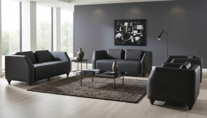 Sofa set leather sofas 2-seater 2x armchairs black seating furniture modern armchairs