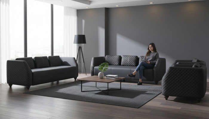 Complete set: 3-seater, 2 armchairs, black upholstery, modern leather sofa set