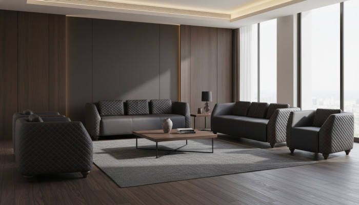 Complete set: 3-seater, 2 armchairs, black upholstery, modern leather sofa set