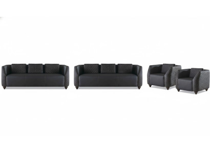Complete set: 3-seater, 2 armchairs, black upholstery, modern leather sofa set