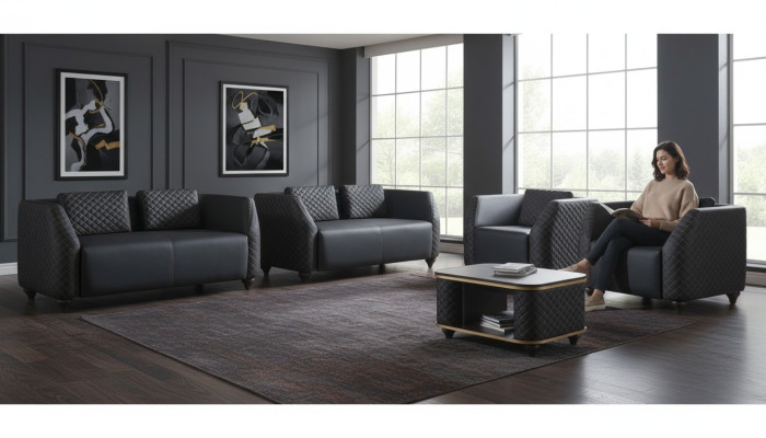 Sofa set 2-seater armchair coffee table black brown upholstery leather cushion
