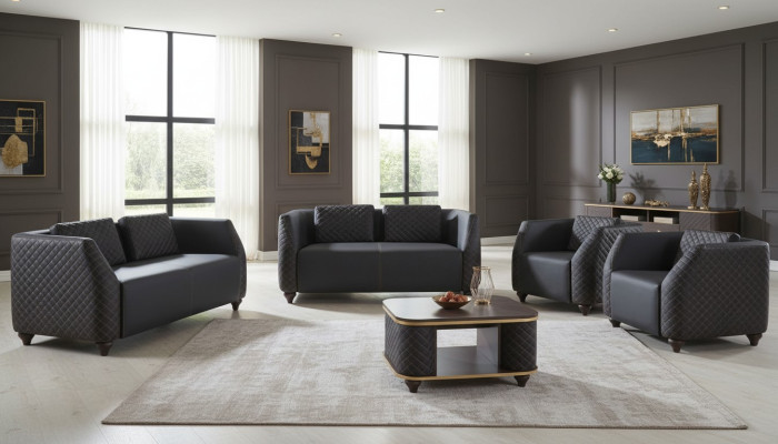 Sofa set 2-seater armchair coffee table black brown upholstery leather cushion