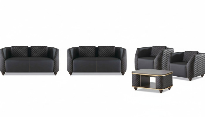 Sofa set 2-seater armchair coffee table black brown upholstery leather cushion