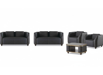 Sofa set 2-seater armchair coffee table black brown upholstery leather cushion