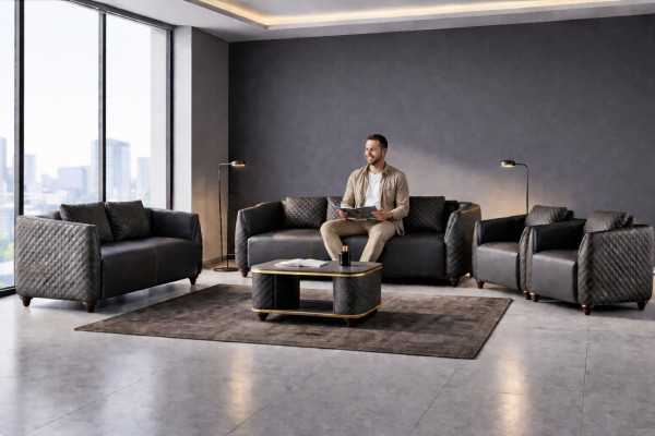 Complete set 3-seater 2-seater armchair coffee table leather sofas leather wood