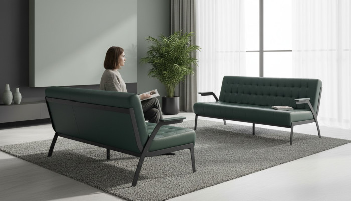 Leather sofas set 3-seater green seating furniture modern Chesterfield stainless steel