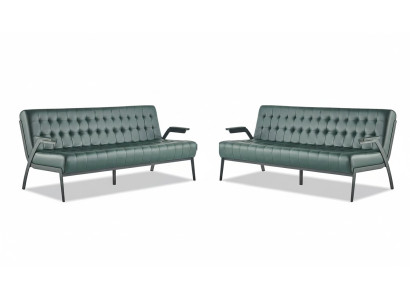 Leather sofas set 3-seater green seating furniture modern Chesterfield stainless steel