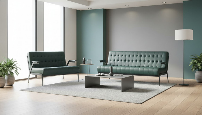 Chesterfield Leather Set 3-Seater 2-Seater Green Leather Sofas Modern Wood