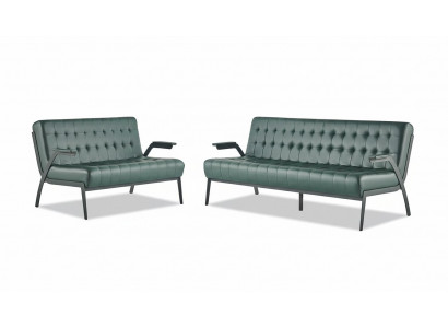 Chesterfield Leather Set 3-Seater 2-Seater Green Leather Sofas Modern Wood