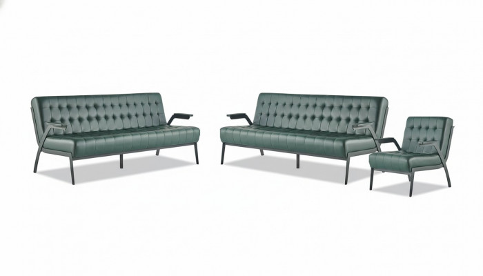 Seating Furniture Set 3-Seater Armchair Green Stainless Steel Modern Leather Chesterfield