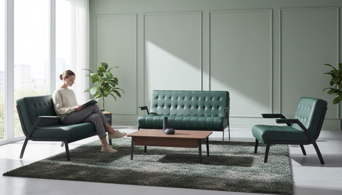 Sofa set 2-seater armchair green stainless steel modern leather chesterfield wood