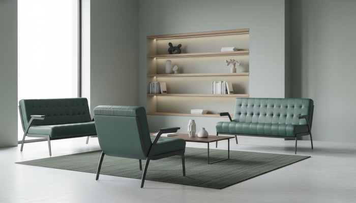 Sofa set 2-seater armchair green stainless steel modern leather chesterfield wood