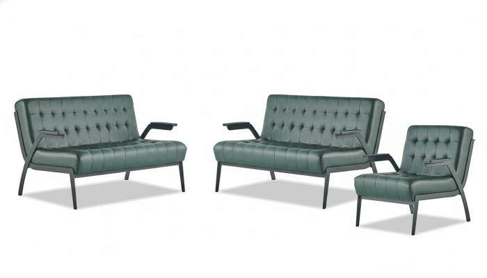 Sofa set 2-seater armchair green stainless steel modern leather chesterfield wood