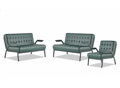 Sofa set 2-seater armchair green stainless steel modern leather chesterfield wood