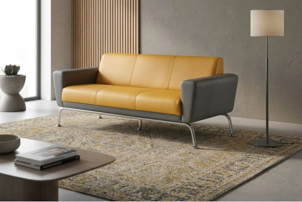 Leather Sofa Yellow Gray 3-Seater Sofa Three-Seater Leather Stainless Steel Modern Wood