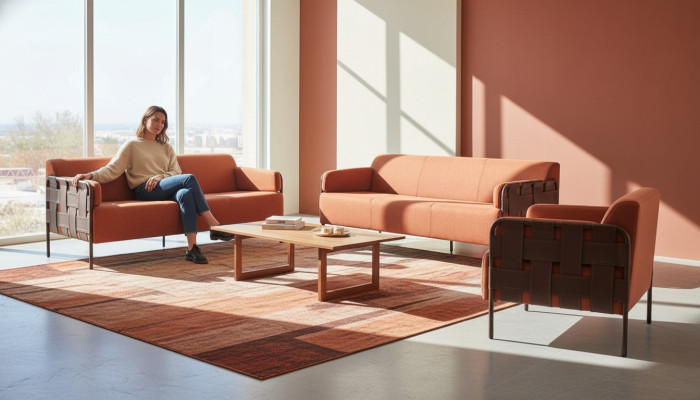 Modern leather sofa set complete sofas 3-seater armchair orange stainless steel