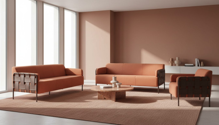 Modern leather sofa set complete sofas 3-seater armchair orange stainless steel