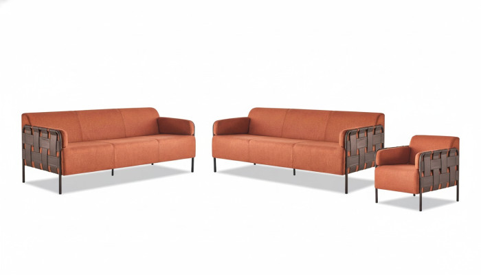 Modern leather sofa set complete sofas 3-seater armchair orange stainless steel
