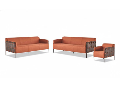 Modern leather sofa set complete sofas 3-seater armchair orange stainless steel