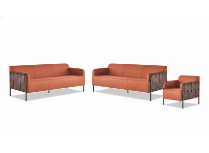 Modern leather sofa set complete sofas 3-seater armchair orange stainless steel