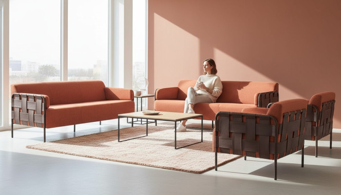 Complete sofa set: 3-seater, 2x armchairs, orange couch, leather, fabric, stainless steel.