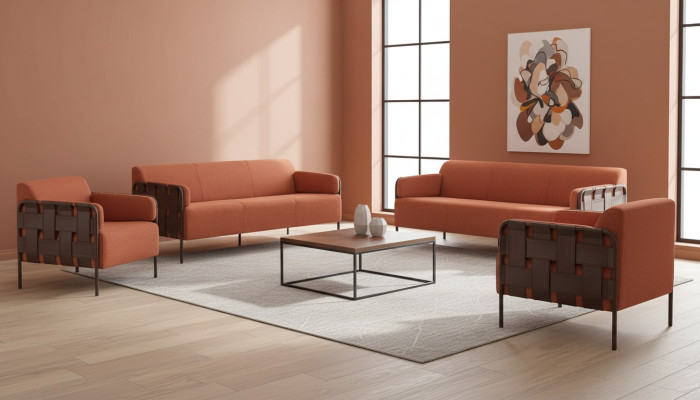 Complete sofa set: 3-seater, 2x armchairs, orange couch, leather, fabric, stainless steel.