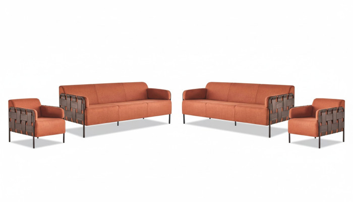 Complete sofa set: 3-seater, 2x armchairs, orange couch, leather, fabric, stainless steel.