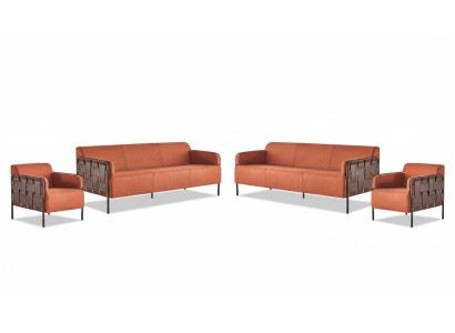 Complete sofa set: 3-seater, 2x armchairs, orange couch, leather, fabric, stainless steel.