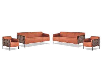 Complete sofa set: 3-seater, 2x armchairs, orange couch, leather, fabric, stainless steel.