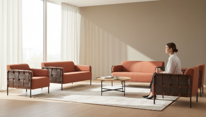 Sofa Set 2-Seater 2x Armchair Orange Modern Fabric Stainless Steel Sofa Sets