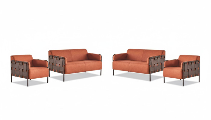 Sofa Set 2-Seater 2x Armchair Orange Modern Fabric Stainless Steel Sofa Sets