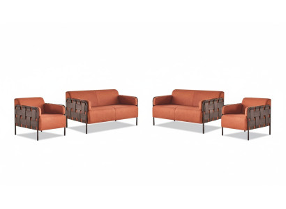 Sofa Set 2-Seater 2x Armchair Orange Modern Fabric Stainless Steel Sofa Sets