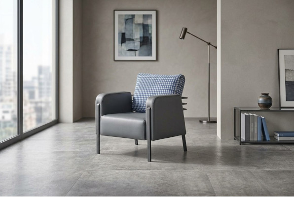 Armchair Gray Blue Upholstery Cushion Leather Textile Modern Stainless Steel Single-Seater