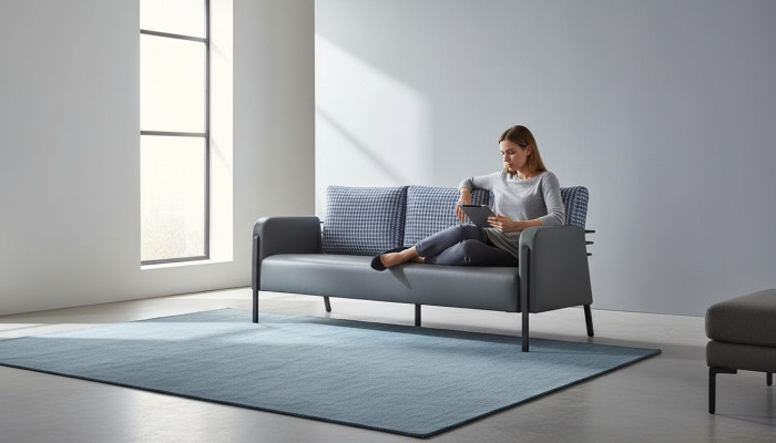 Couch Grey Blue Armchair Upholstery 3-Seater Modern Cushion Leather Stainless Steel