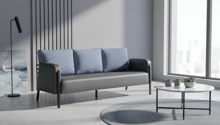 Couch Grey Blue Armchair Upholstery 3-Seater Modern Cushion Leather Stainless Steel