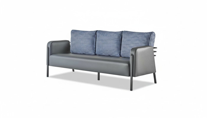 Couch Grey Blue Armchair Upholstery 3-Seater Modern Cushion Leather Stainless Steel