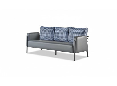 Couch Grey Blue Armchair Upholstery 3-Seater Modern Cushion Leather Stainless Steel