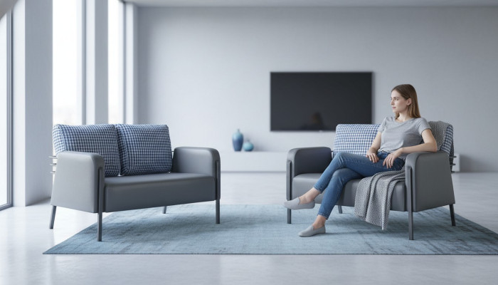Leather sofa set, grey-blue cushions, 2-seater sofas, modern upholstery fabric