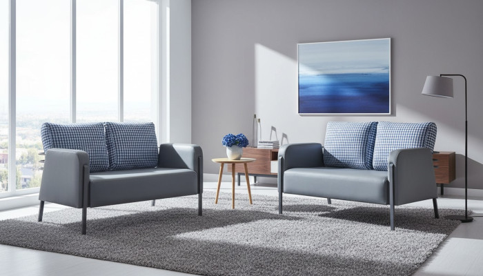 Leather sofa set, grey-blue cushions, 2-seater sofas, modern upholstery fabric