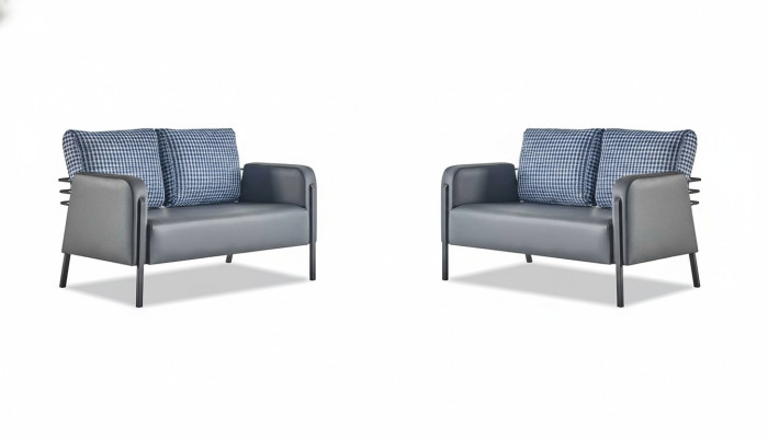 Leather sofa set, grey-blue cushions, 2-seater sofas, modern upholstery fabric