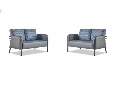 Leather sofa set, grey-blue cushions, 2-seater sofas, modern upholstery fabric