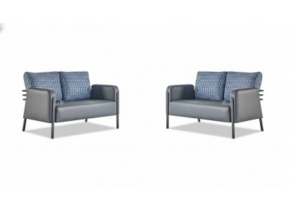 Leather sofa set, grey-blue cushions, 2-seater sofas, modern upholstery fabric