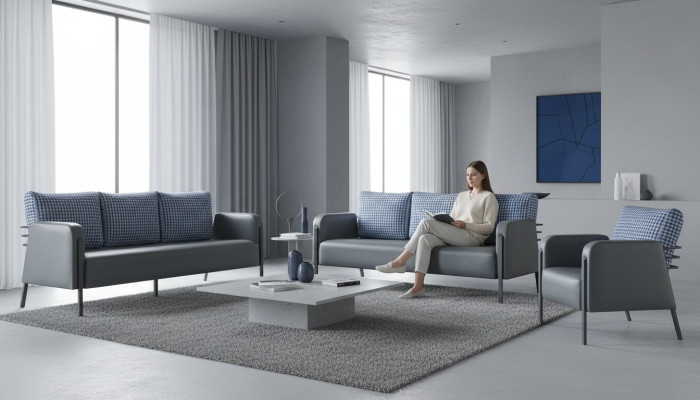 Sofa set grey blue leather sofa 3-seater armchair modern 1-seater leather textile