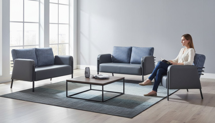 Complete leather sofa set, 2-seater armchair, modern grey blue leather textile