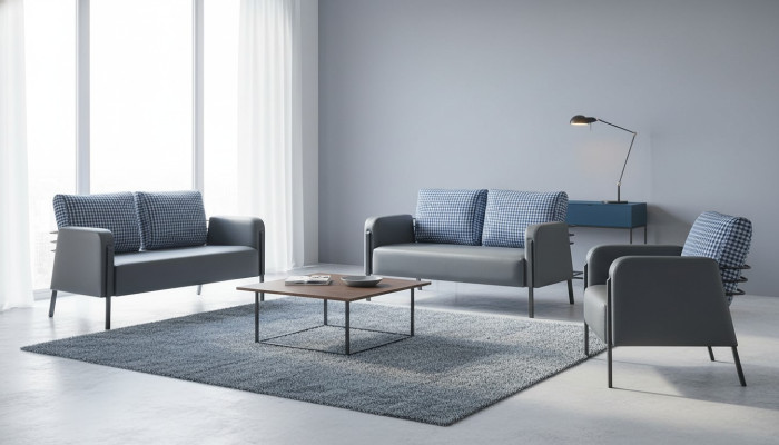 Complete leather sofa set, 2-seater armchair, modern grey blue leather textile