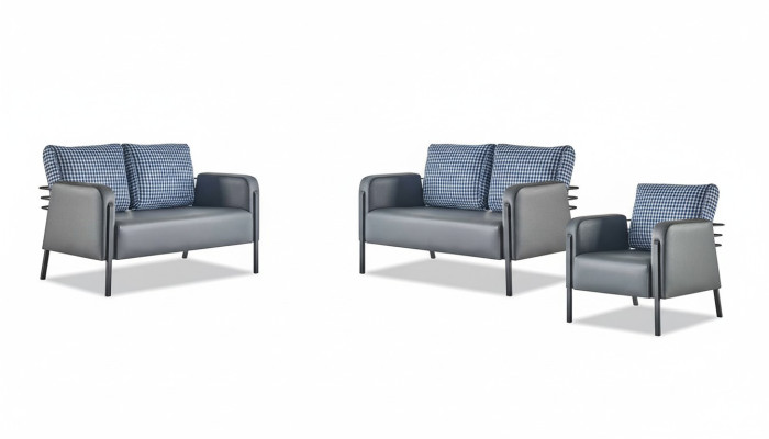 Complete leather sofa set, 2-seater armchair, modern grey blue leather textile