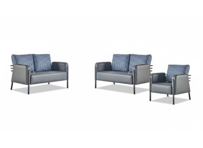 Complete leather sofa set, 2-seater armchair, modern grey blue leather textile